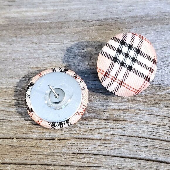 Pink Black White Tartan Plaid Fabric Button Earrings - Picture 3 of 5